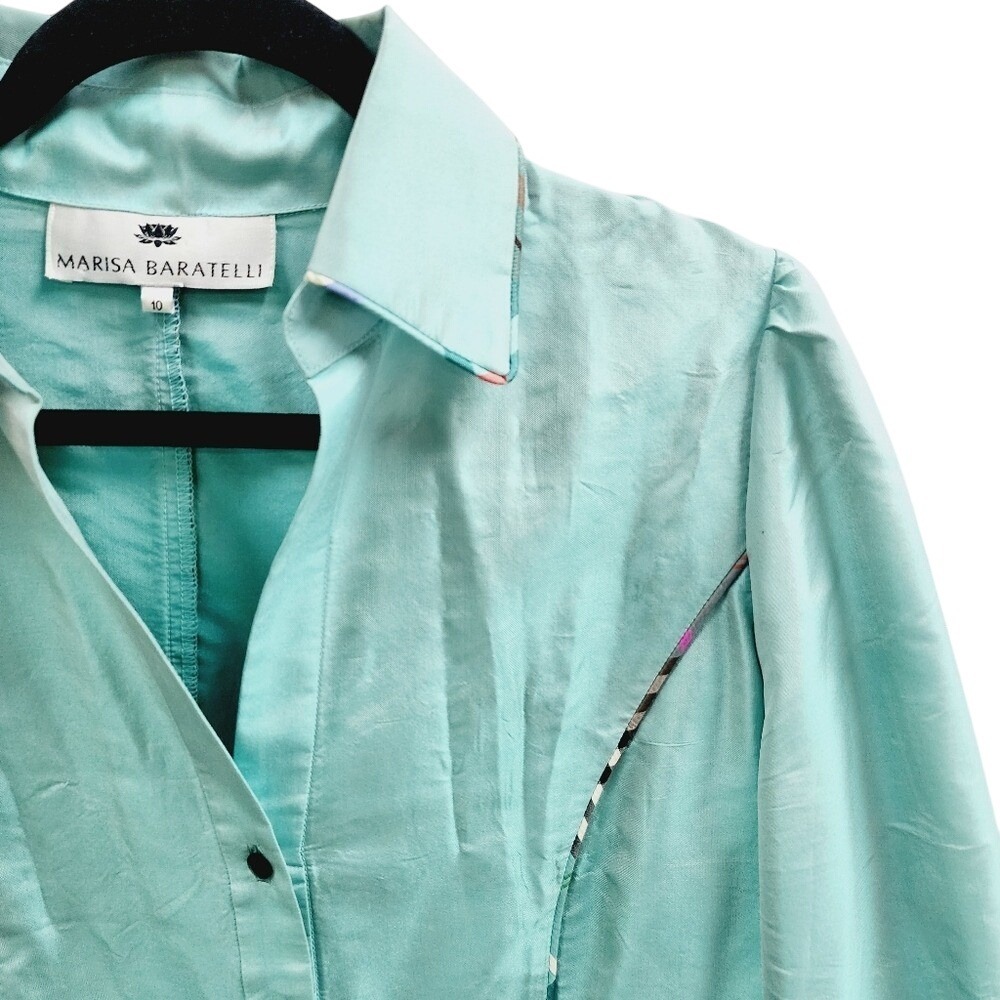 Marisa Baratelli Aqua Blue 100% Thai Silk Button Up Blouse Top Size 10 - Picture 2 of 8
